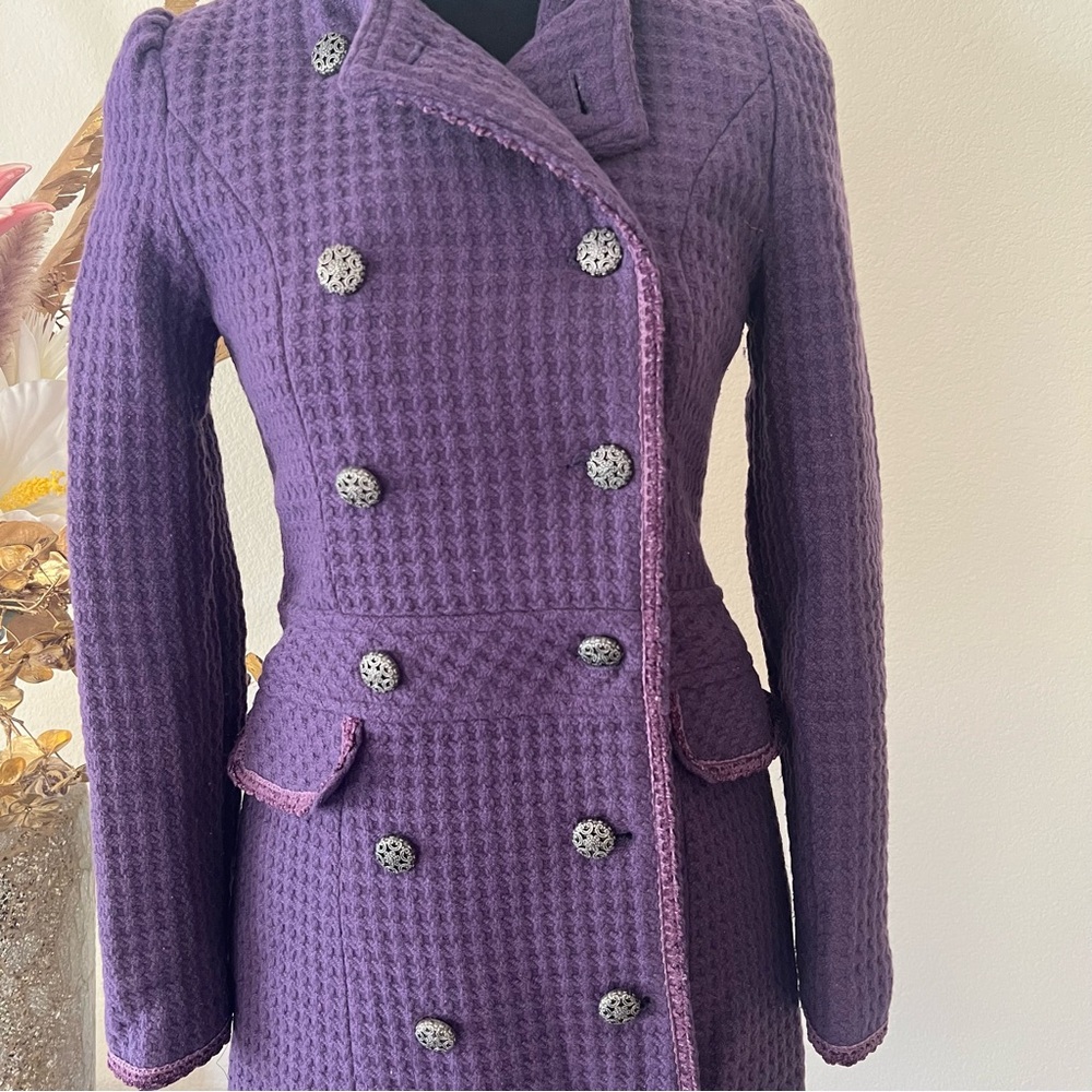 Purple Double Breasted Long Coat w Textured Waffle Knit Pattern Ornate Buttons - Picture 2 of 11